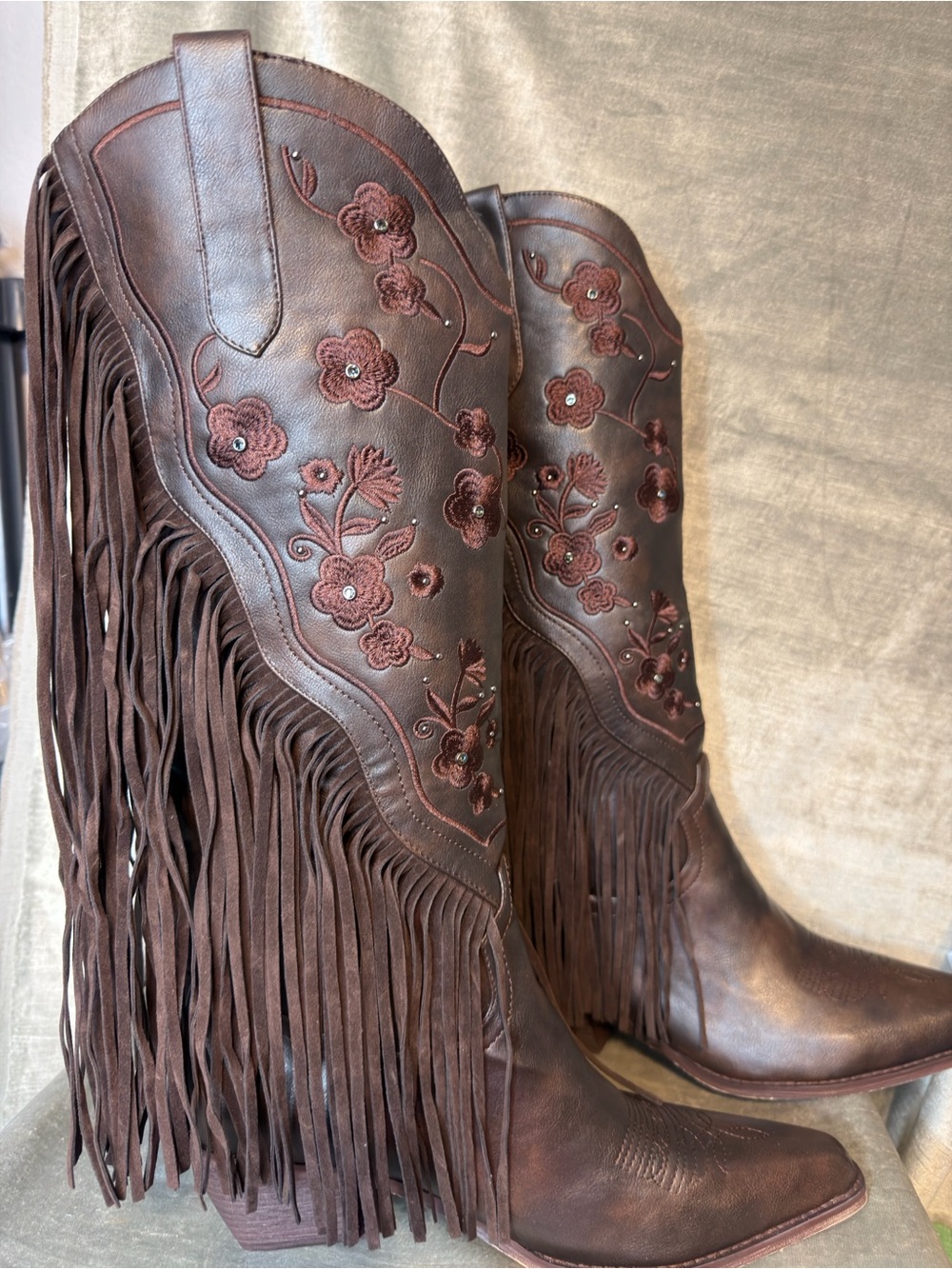 Tall Western Boots W/Fringe & Studs In Brown. Faux Leather. Size 12 Wide Calf